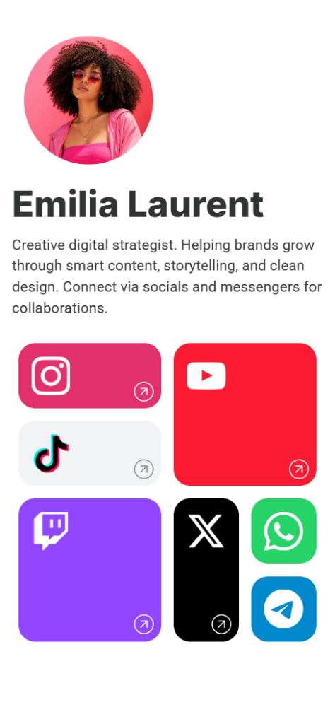 Example of a link in bio template in Bento.me style.